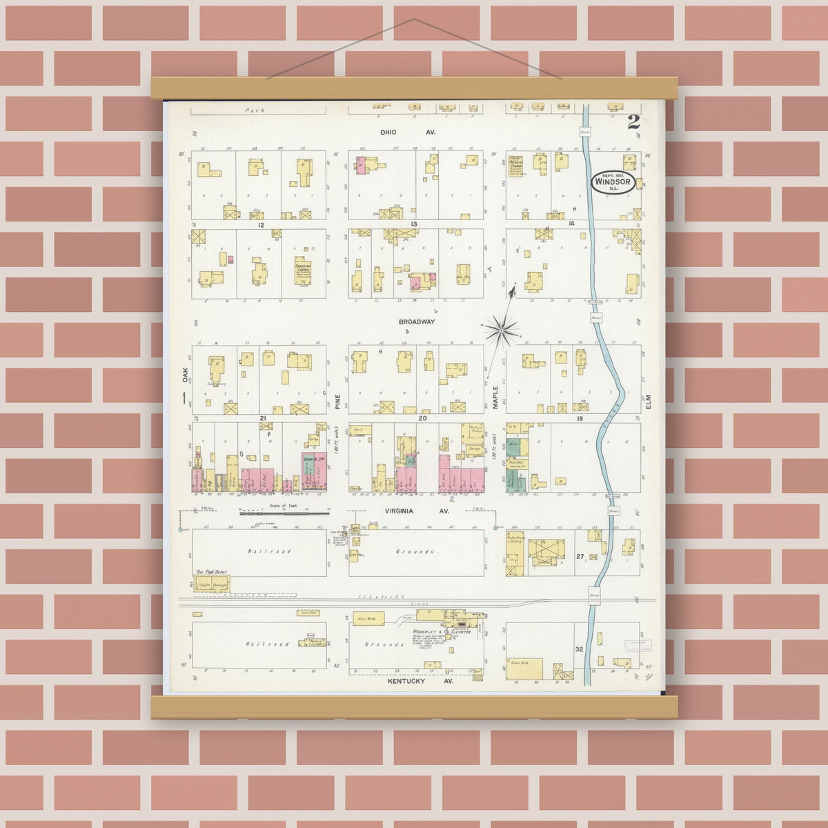 Old map wall art mockup — magnetic wood frame on brick wall — Sanborn Fire Insurance Map from Windsor, Shelby County, Illinois (1907), Sheet #0002
