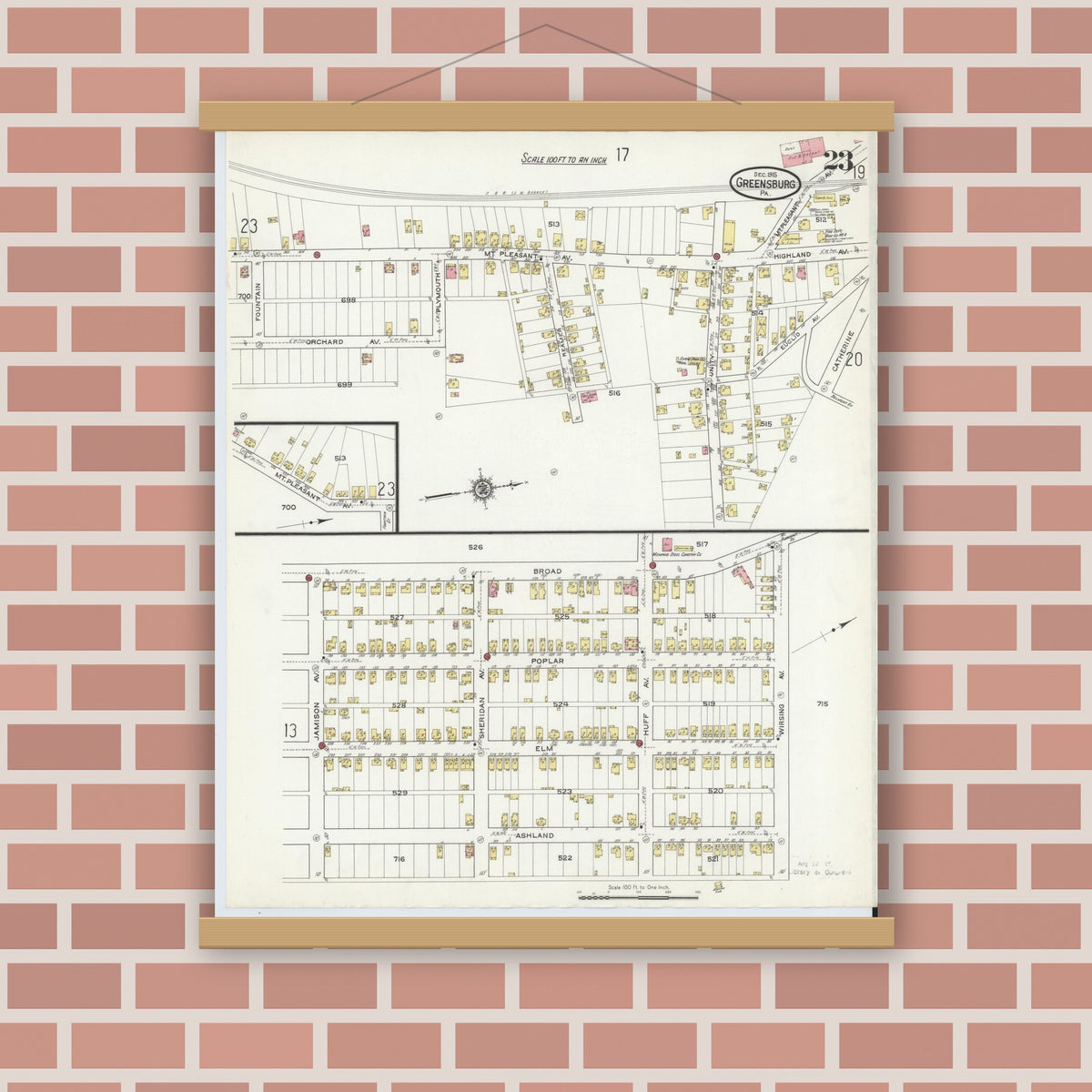 Old map wall art mockup — magnetic wood frame on brick wall — Sanborn Fire Insurance Map from Greensburg, Westmoreland County, Pennsylvania (1915), Sheet #0023