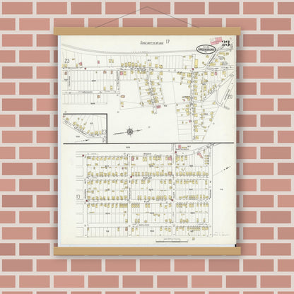 Old map wall art mockup — magnetic wood frame on brick wall — Sanborn Fire Insurance Map from Greensburg, Westmoreland County, Pennsylvania (1915), Sheet #0023