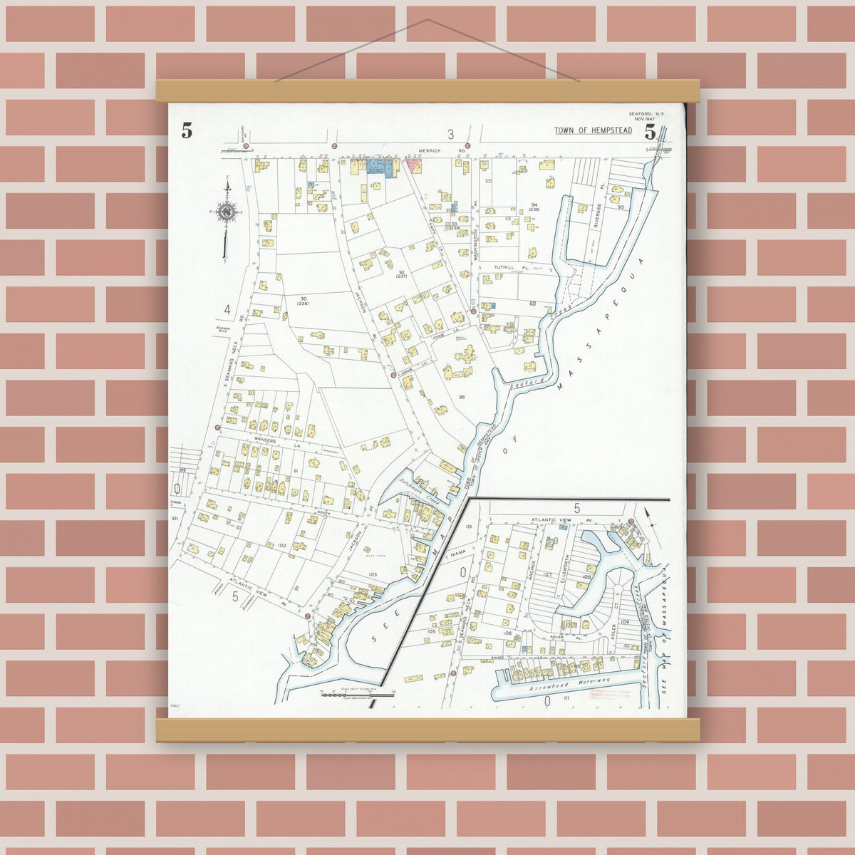 Old map wall art mockup — magnetic wood frame on brick wall — Sanborn Fire Insurance Map from Seaford, Nassau County, New York (1947), Sheet #0005