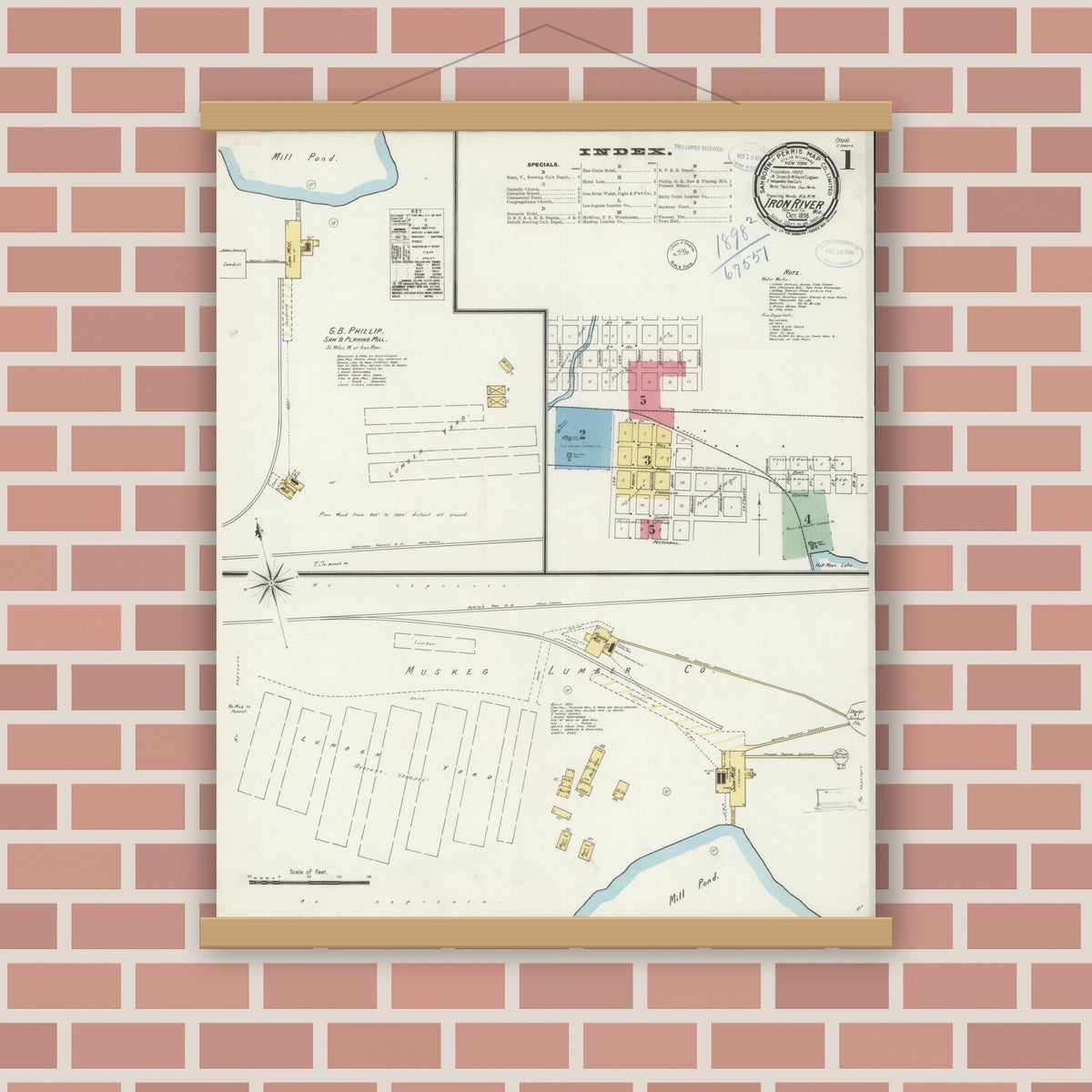 Old map wall art mockup — magnetic wood frame on brick wall — Sanborn Fire Insurance Map from Iron River, Bayfield County, Wisconsin (1898) - Complete Map Set