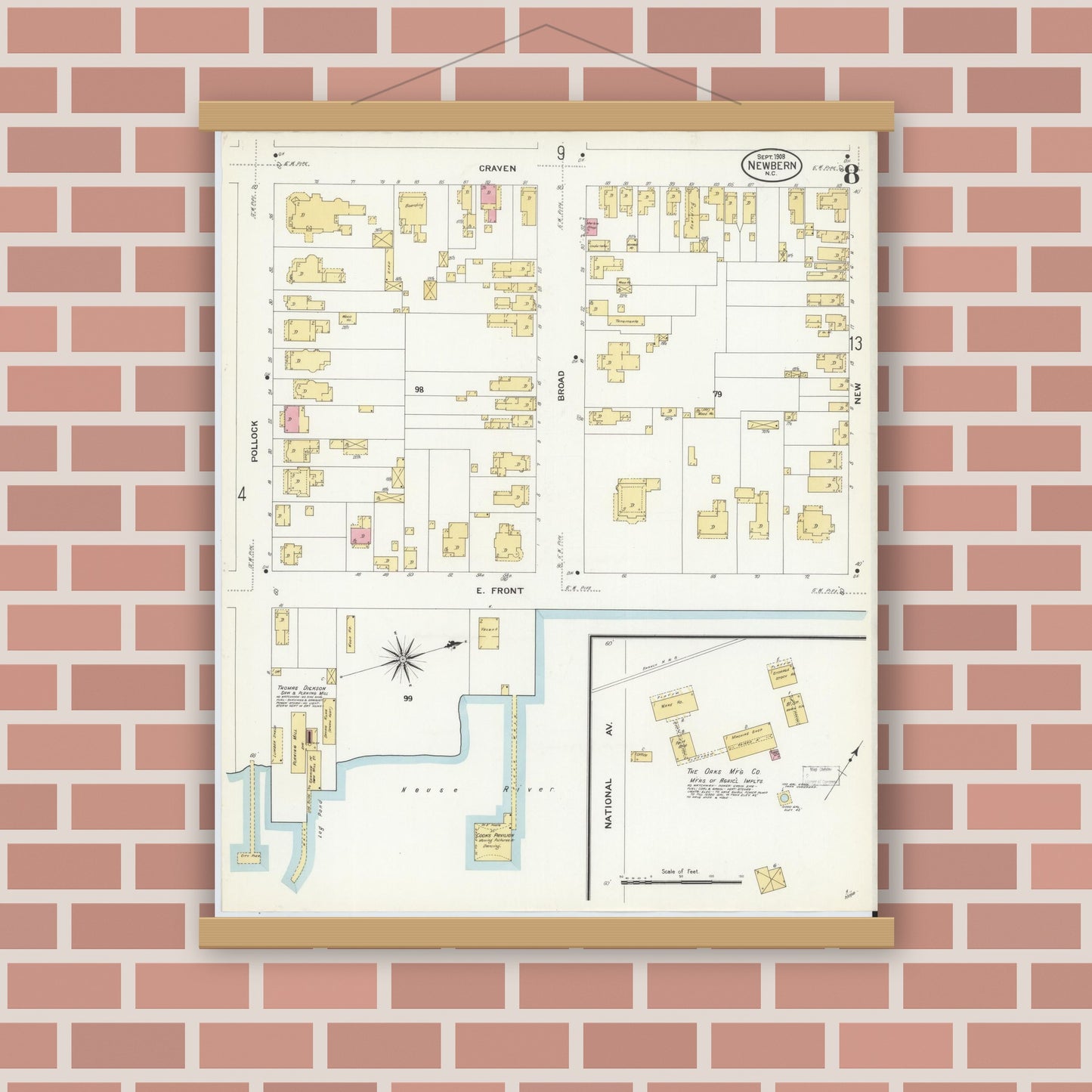 Old map wall art mockup — magnetic wood frame on brick wall — Sanborn Fire Insurance Map from New Bern, Craven County, North Carolina (1908), Sheet #0008