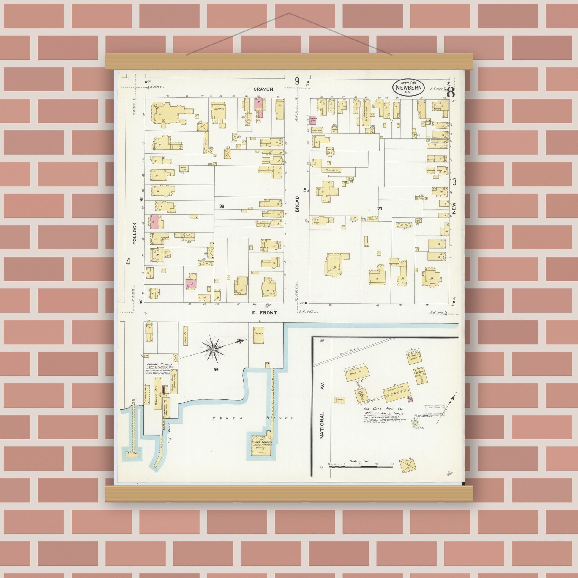 Old map wall art mockup — magnetic wood frame on brick wall — Sanborn Fire Insurance Map from New Bern, Craven County, North Carolina (1908), Sheet #0008
