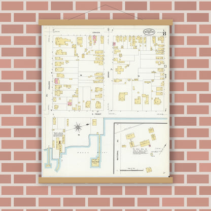 Old map wall art mockup — magnetic wood frame on brick wall — Sanborn Fire Insurance Map from New Bern, Craven County, North Carolina (1908), Sheet #0008