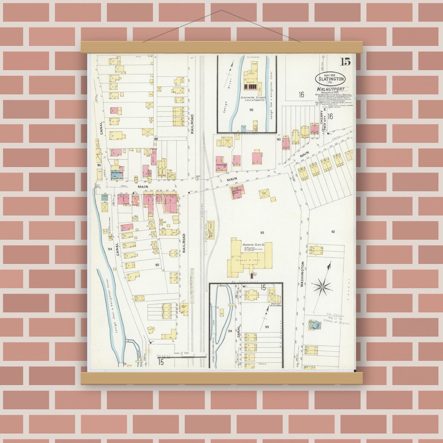 Old map wall art mockup — magnetic wood frame on brick wall — Sanborn Fire Insurance Map from Slatington, Lehigh County, Pennsylvania (1908), Sheet #0015