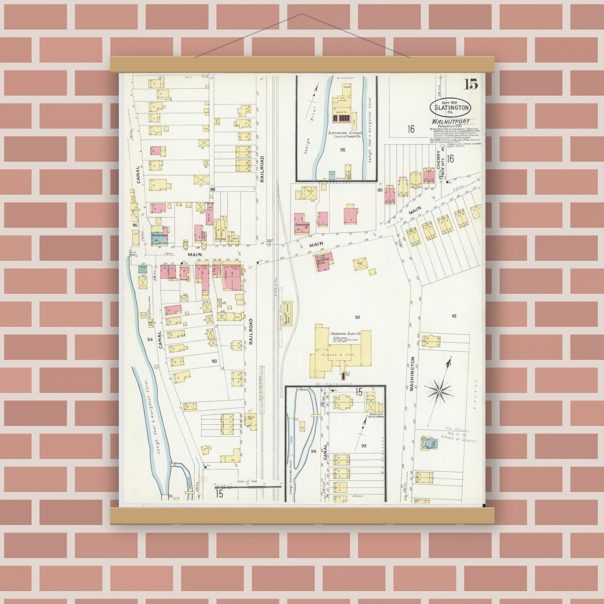 Old map wall art mockup — magnetic wood frame on brick wall — Sanborn Fire Insurance Map from Slatington, Lehigh County, Pennsylvania (1908), Sheet #0015