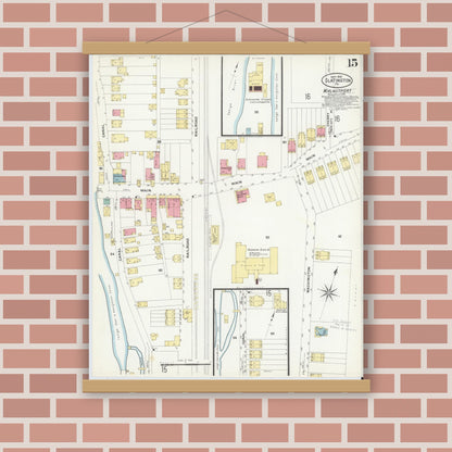 Old map wall art mockup — magnetic wood frame on brick wall — Sanborn Fire Insurance Map from Slatington, Lehigh County, Pennsylvania (1908), Sheet #0015