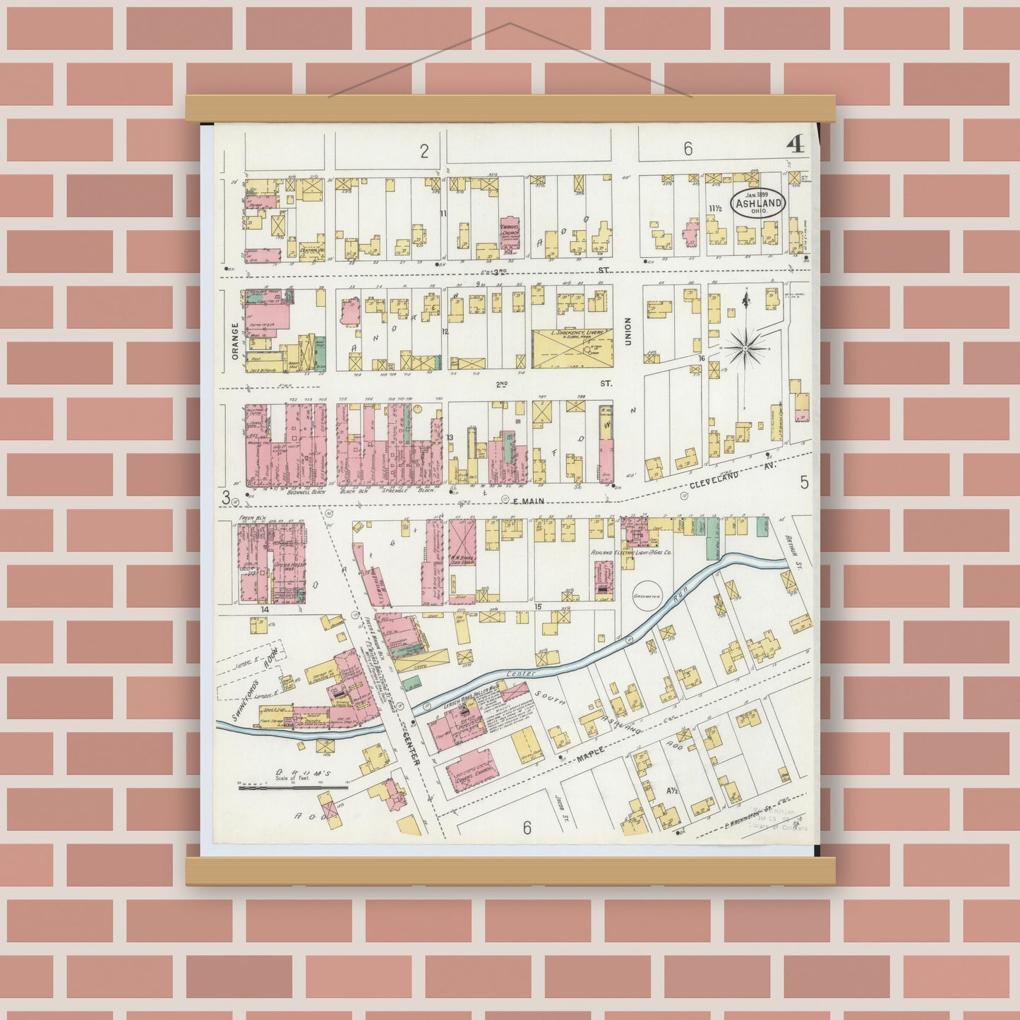 Old map wall art mockup — magnetic wood frame on brick wall — Sanborn Fire Insurance Map from Ashland, Ashland County, Ohio (1899), Sheet #0004
