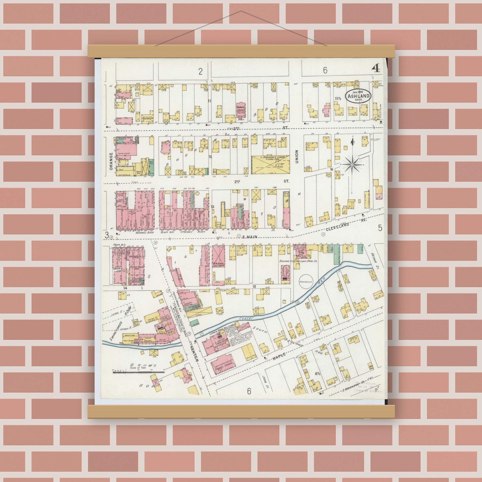 Old map wall art mockup — magnetic wood frame on brick wall — Sanborn Fire Insurance Map from Ashland, Ashland County, Ohio (1899), Sheet #0004