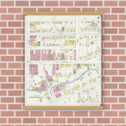 Old map wall art mockup — magnetic wood frame on brick wall — Sanborn Fire Insurance Map from Ashland, Ashland County, Ohio (1899), Sheet #0004