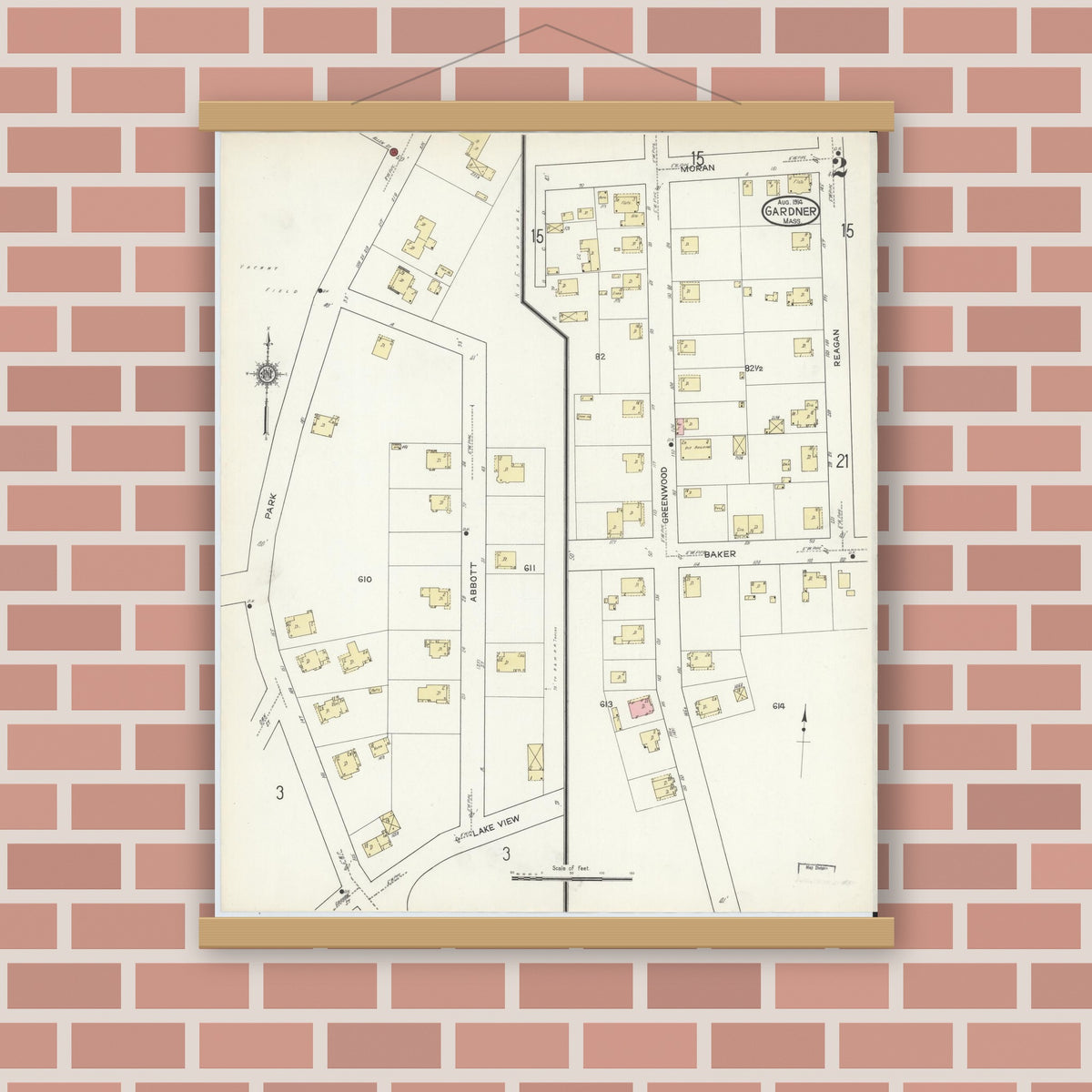 Old map wall art mockup — magnetic wood frame on brick wall — Sanborn Fire Insurance Map from Gardner, Worcester County, Massachusetts (1914), Sheet #0002