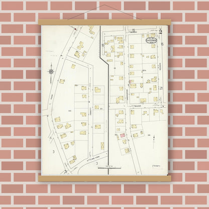 Old map wall art mockup — magnetic wood frame on brick wall — Sanborn Fire Insurance Map from Gardner, Worcester County, Massachusetts (1914), Sheet #0002