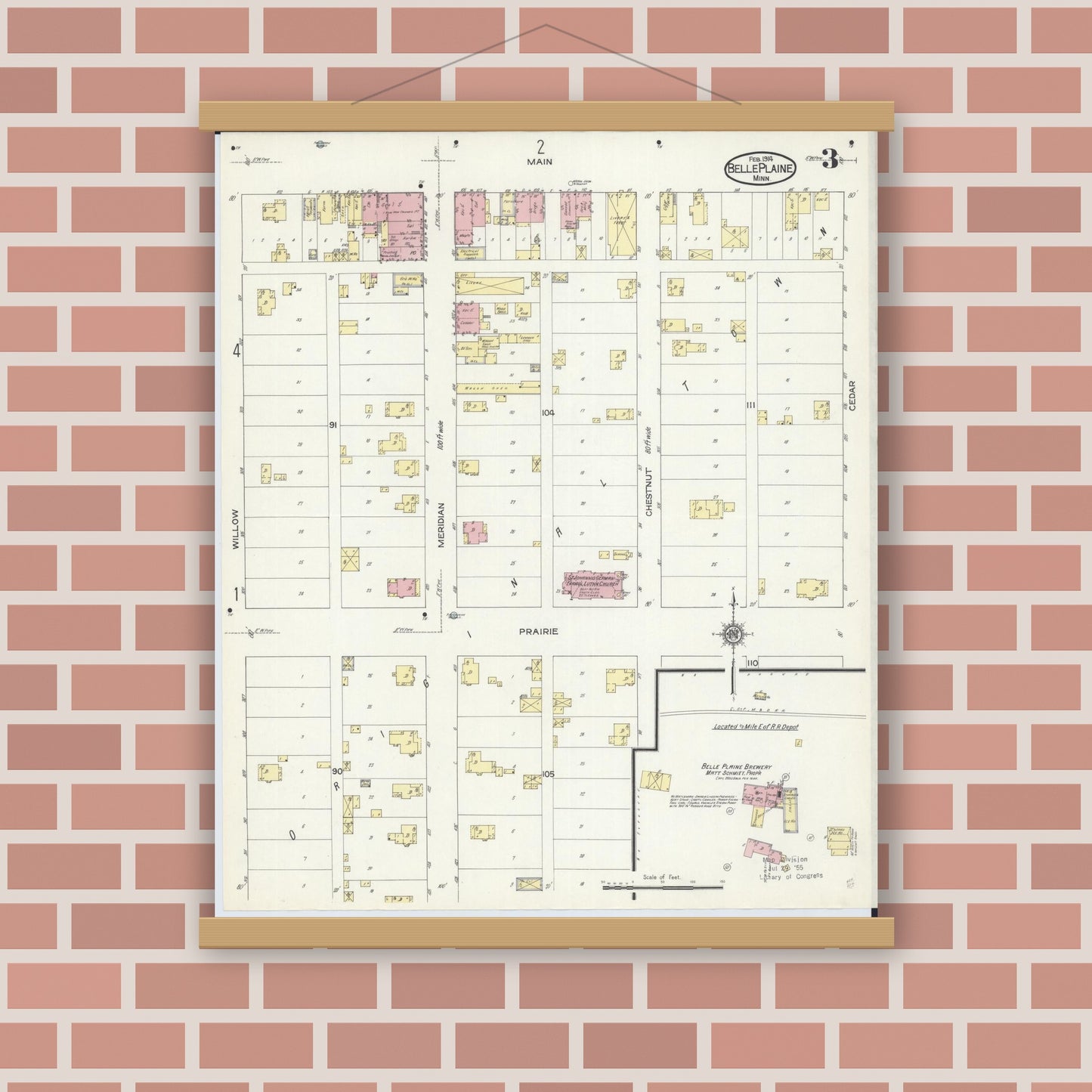 Old map wall art mockup — magnetic wood frame on brick wall — Sanborn Fire Insurance Map from Belle Plaine, Scott County, Minnesota (1914), Sheet #0003