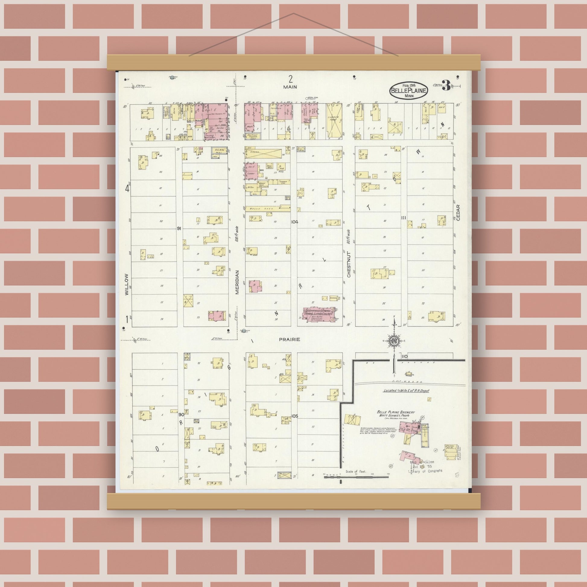 Old map wall art mockup — magnetic wood frame on brick wall — Sanborn Fire Insurance Map from Belle Plaine, Scott County, Minnesota (1914), Sheet #0003