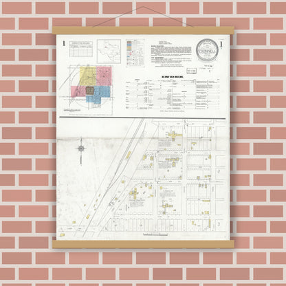 Old map wall art mockup — magnetic wood frame on brick wall — Sanborn Fire Insurance Map from O'Donnell, Lynn And Dawson Counties, Texas (1935) - Complete Map Set