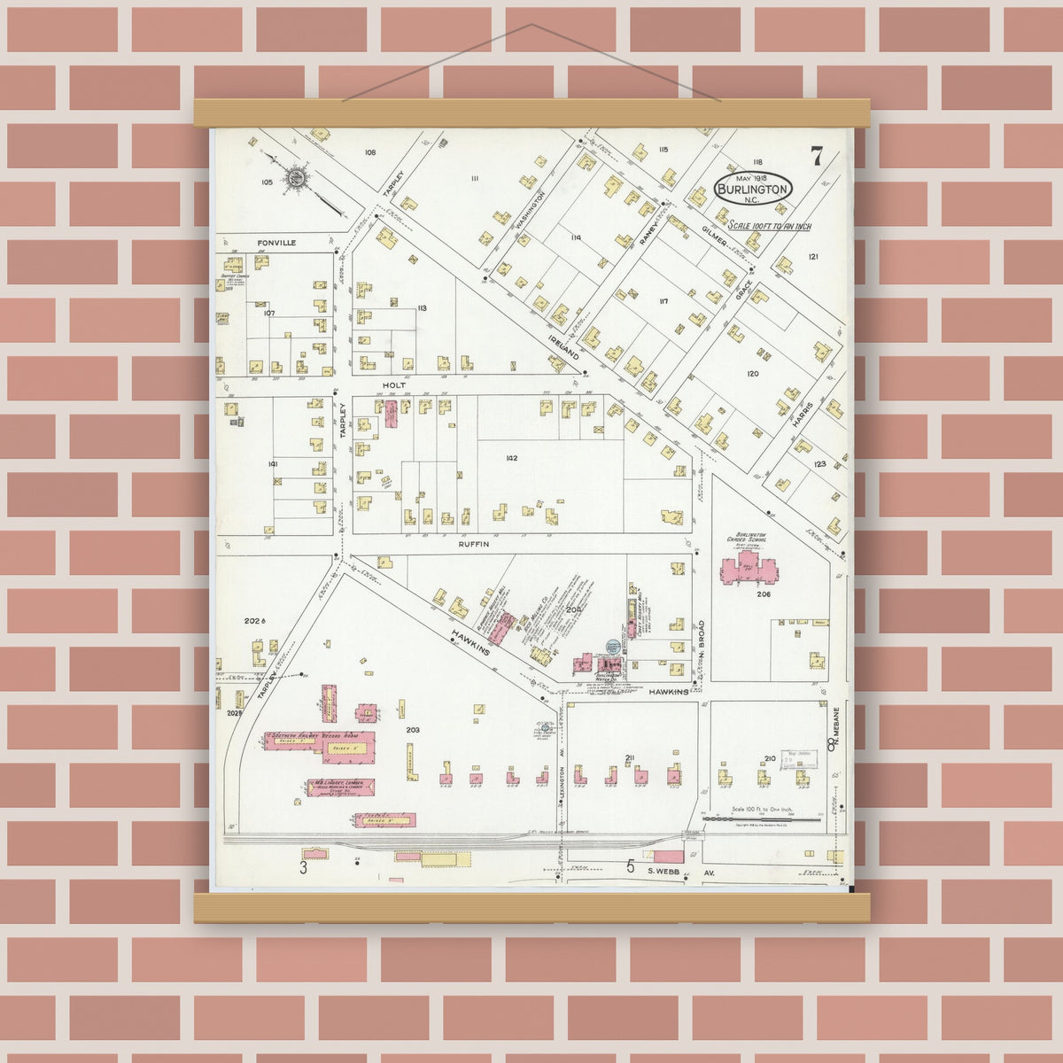 Old map wall art mockup — magnetic wood frame on brick wall — Sanborn Fire Insurance Map from Burlington, Alamance County, North Carolina (1918), Sheet #0007