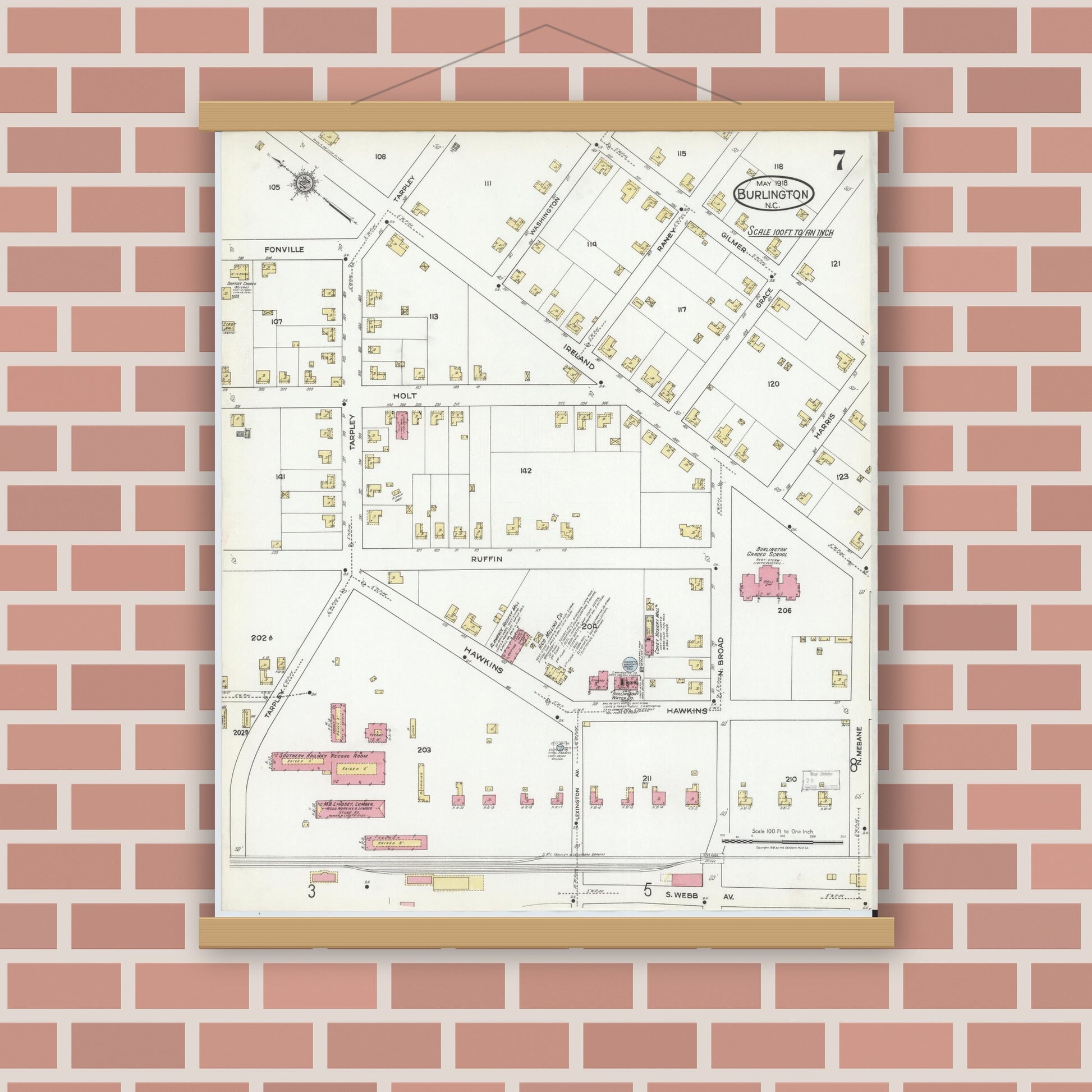 Old map wall art mockup — magnetic wood frame on brick wall — Sanborn Fire Insurance Map from Burlington, Alamance County, North Carolina (1918), Sheet #0007