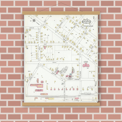 Old map wall art mockup — magnetic wood frame on brick wall — Sanborn Fire Insurance Map from Burlington, Alamance County, North Carolina (1918), Sheet #0007