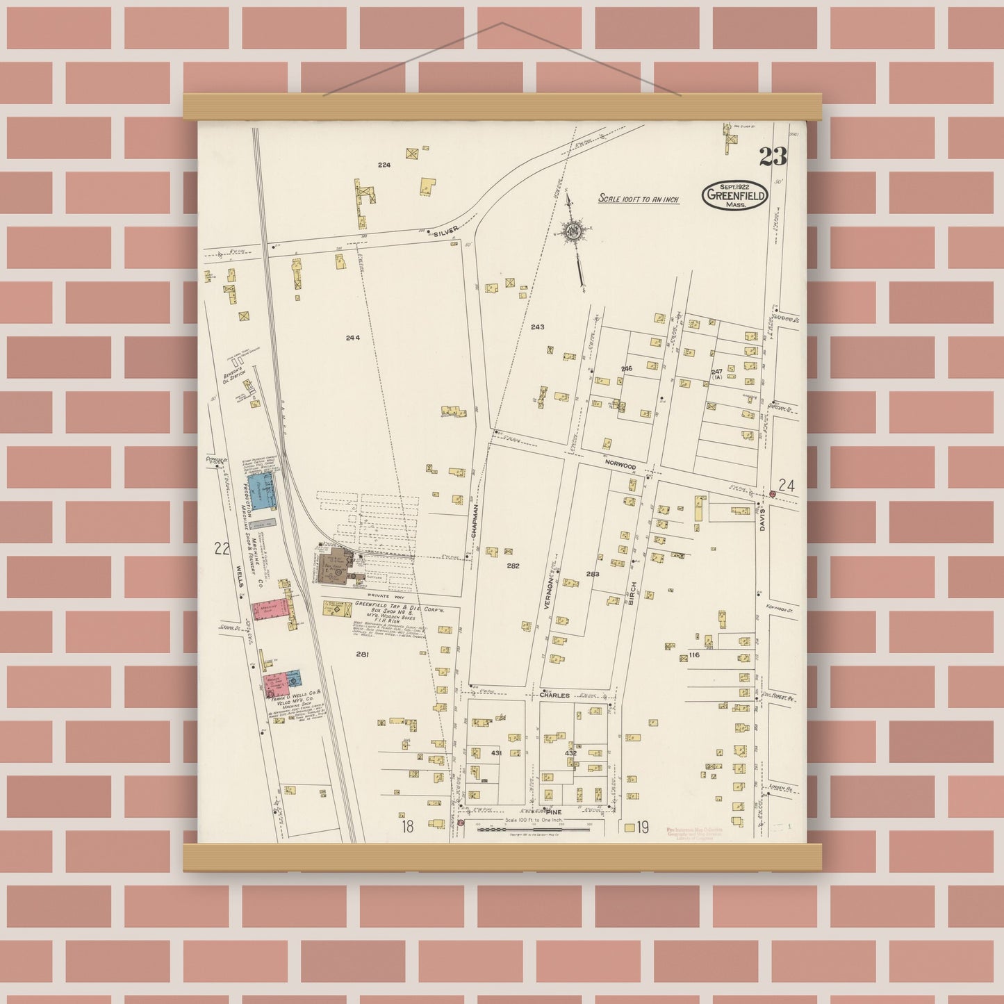 Old map wall art mockup — magnetic wood frame on brick wall — Sanborn Fire Insurance Map from Greenfield, Franklin County, Massachusetts (1922), Sheet #0023