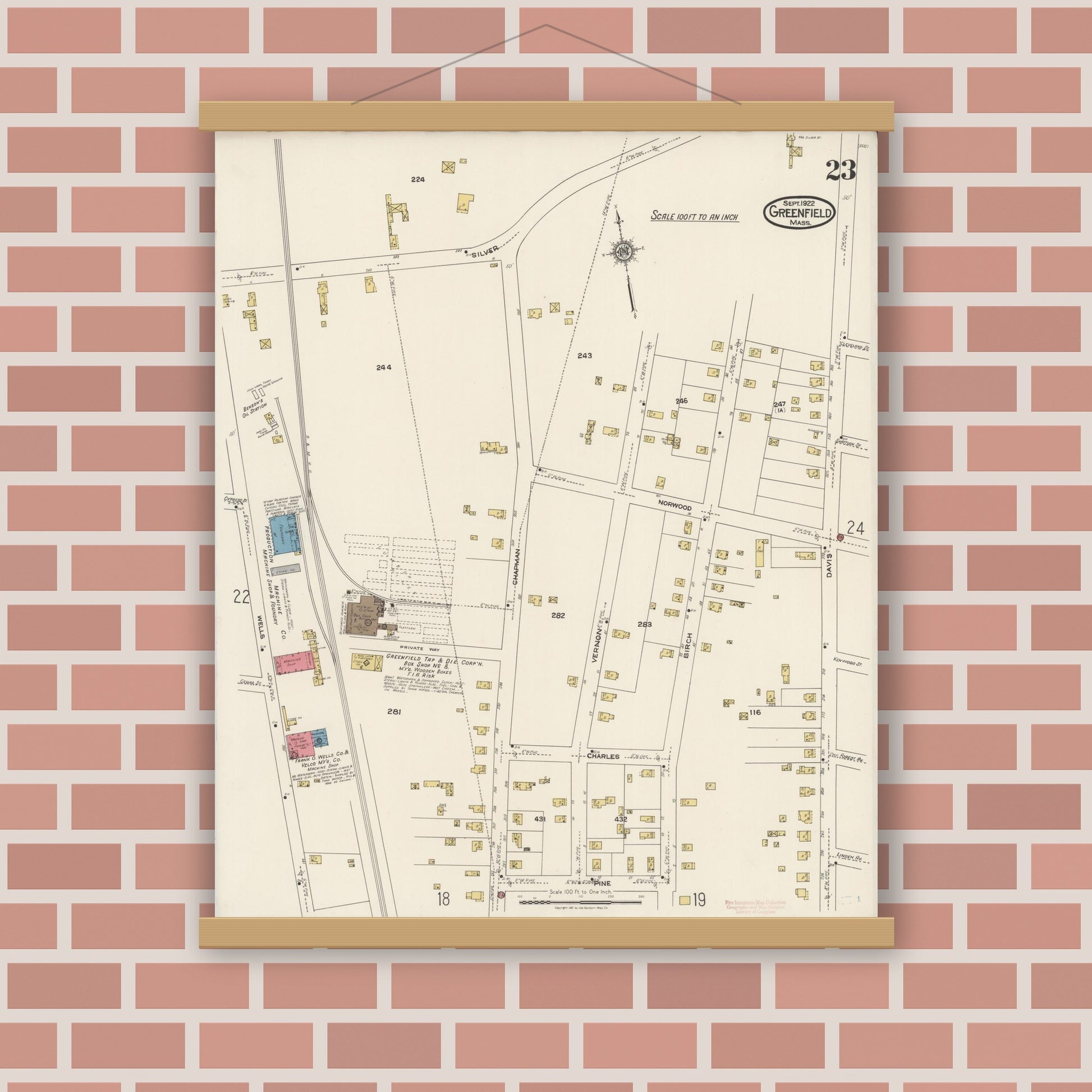 Old map wall art mockup — magnetic wood frame on brick wall — Sanborn Fire Insurance Map from Greenfield, Franklin County, Massachusetts (1922), Sheet #0023