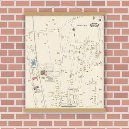 Old map wall art mockup — magnetic wood frame on brick wall — Sanborn Fire Insurance Map from Greenfield, Franklin County, Massachusetts (1922), Sheet #0023