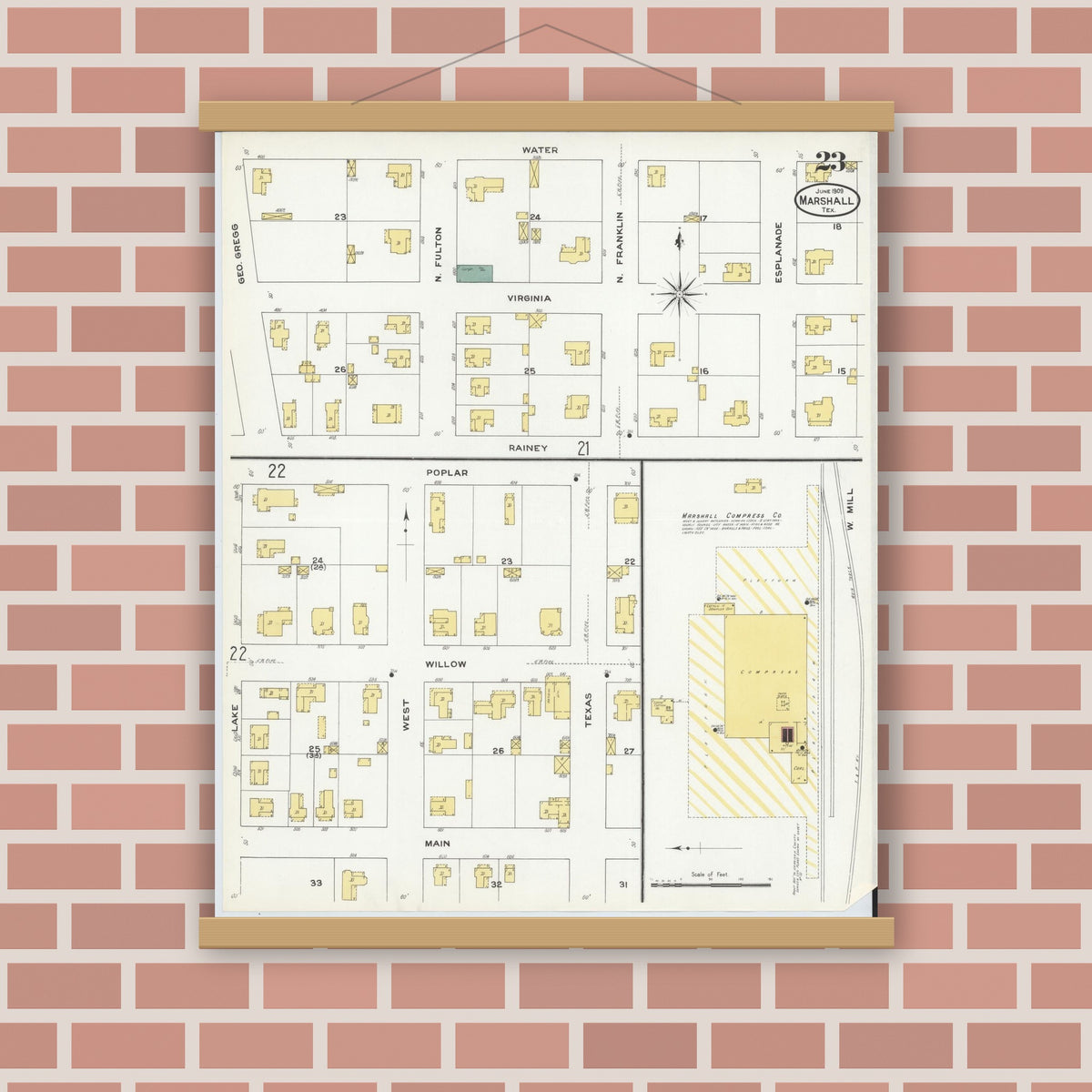 Old map wall art mockup — magnetic wood frame on brick wall — Sanborn Fire Insurance Map from Marshall, Harrison County, Texas (1909), Sheet #0023