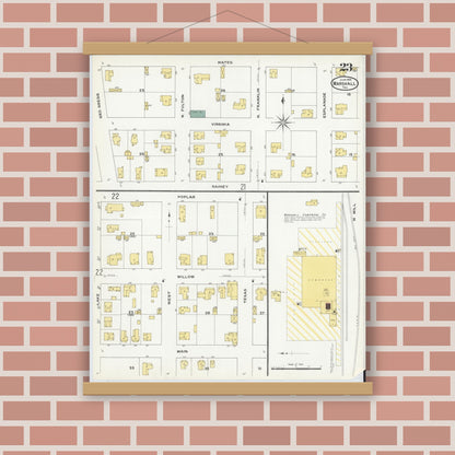 Old map wall art mockup — magnetic wood frame on brick wall — Sanborn Fire Insurance Map from Marshall, Harrison County, Texas (1909), Sheet #0023