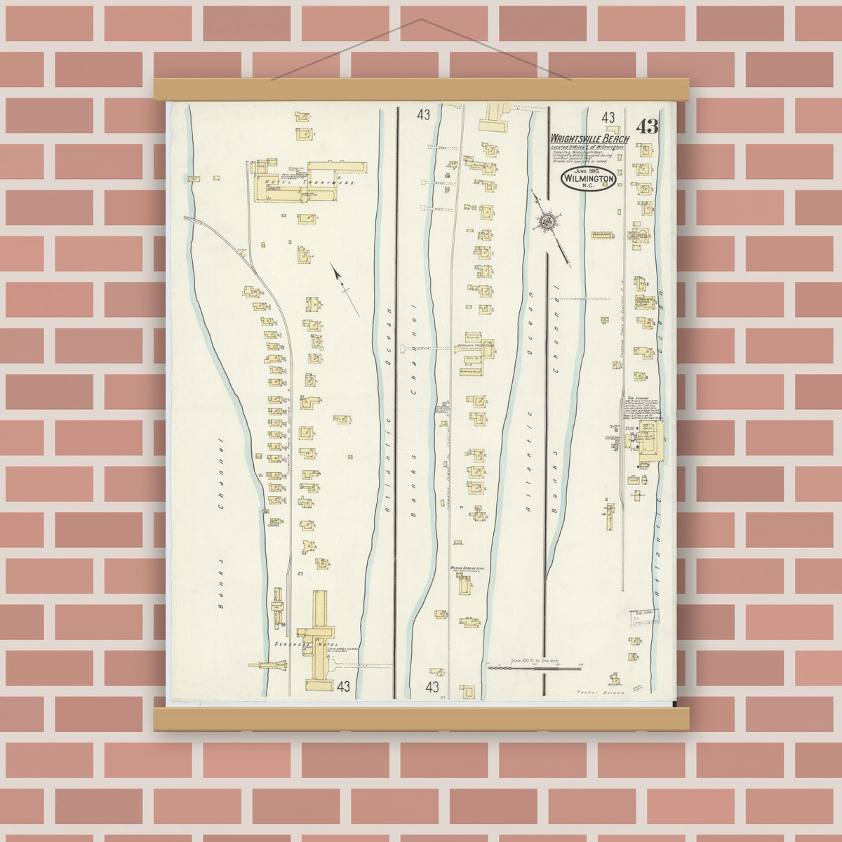 Old map wall art mockup — magnetic wood frame on brick wall — Sanborn Fire Insurance Map from Wilmington, New Hanover County, North Carolina (1910), Sheet #0043