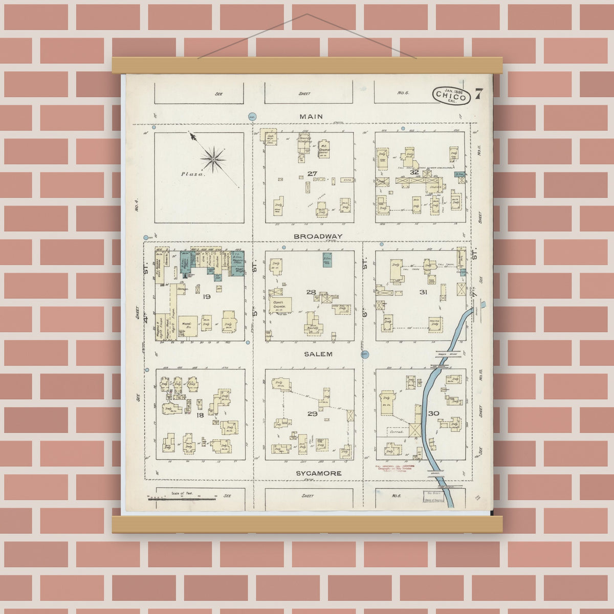 Old map wall art mockup — magnetic wood frame on brick wall — Sanborn Fire Insurance Map from Chico, Butte County, California (1886), Sheet #0007