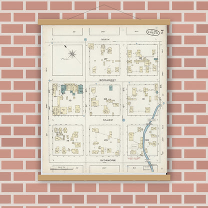 Old map wall art mockup — magnetic wood frame on brick wall — Sanborn Fire Insurance Map from Chico, Butte County, California (1886), Sheet #0007