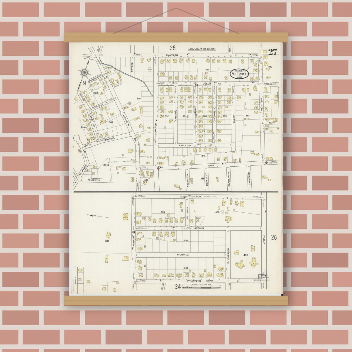 Old map wall art mockup — magnetic wood frame on brick wall — Sanborn Fire Insurance Map from Melrose, Middlesex County, Massachusetts (1915), Sheet #0027