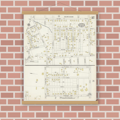 Old map wall art mockup — magnetic wood frame on brick wall — Sanborn Fire Insurance Map from Melrose, Middlesex County, Massachusetts (1915), Sheet #0027