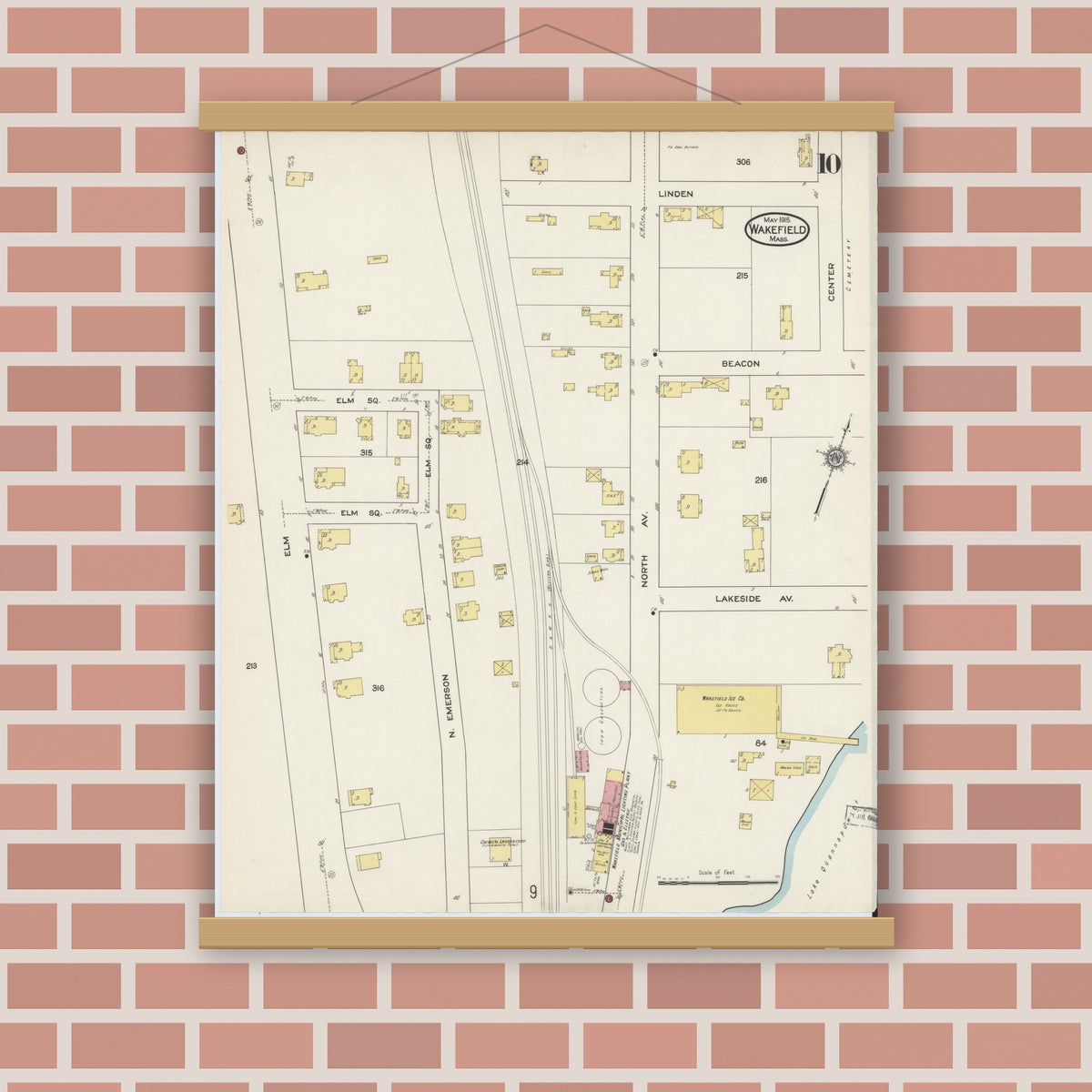 Old map wall art mockup — magnetic wood frame on brick wall — Sanborn Fire Insurance Map from Wakefield, Middlesex County, Massachusetts (1915), Sheet #0010