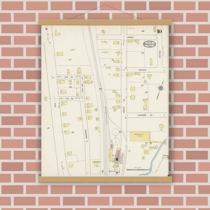 Old map wall art mockup — magnetic wood frame on brick wall — Sanborn Fire Insurance Map from Wakefield, Middlesex County, Massachusetts (1915), Sheet #0010