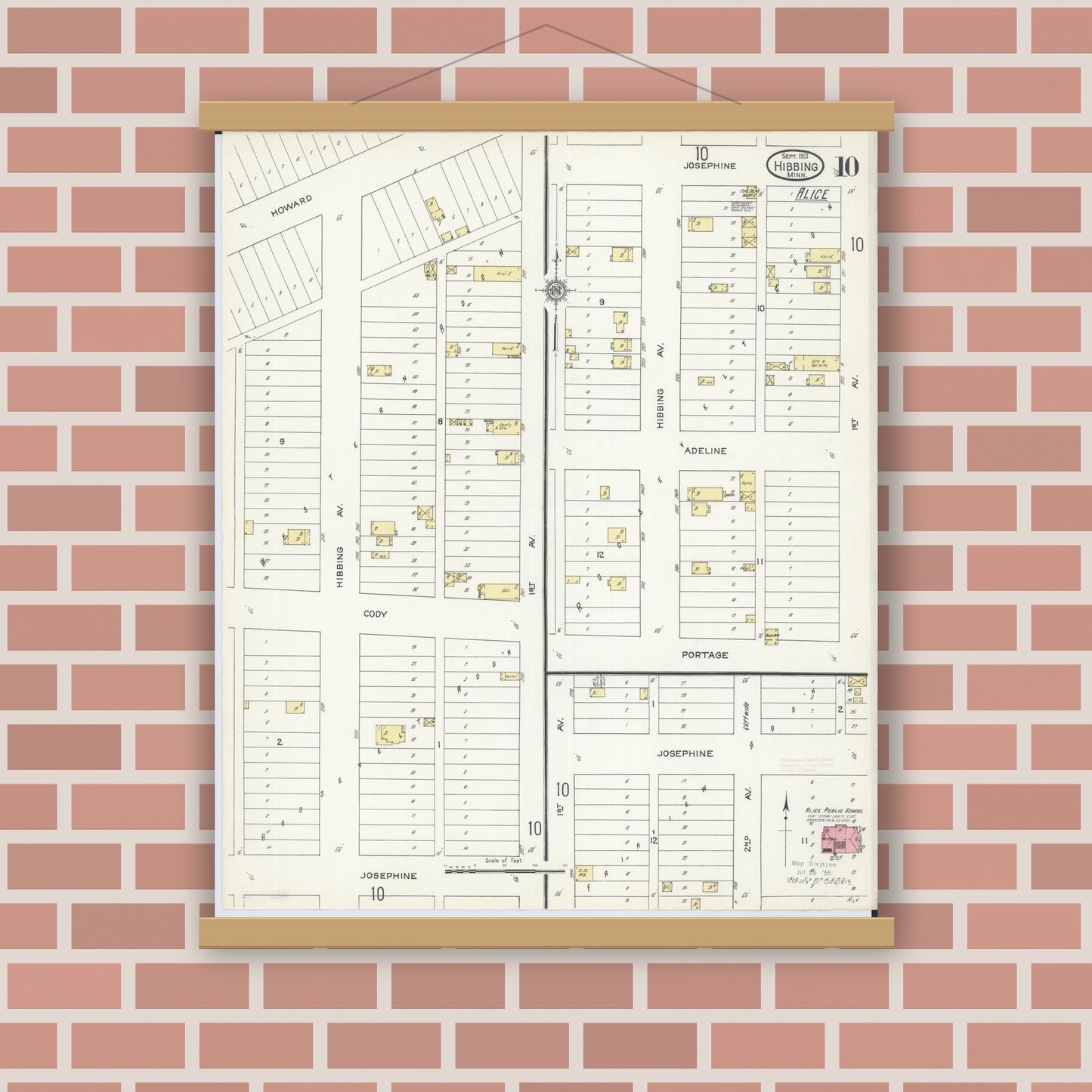Old map wall art mockup — magnetic wood frame on brick wall — Sanborn Fire Insurance Map from Hibbing, Saint Louis County, Minnesota (1913), Sheet #0010