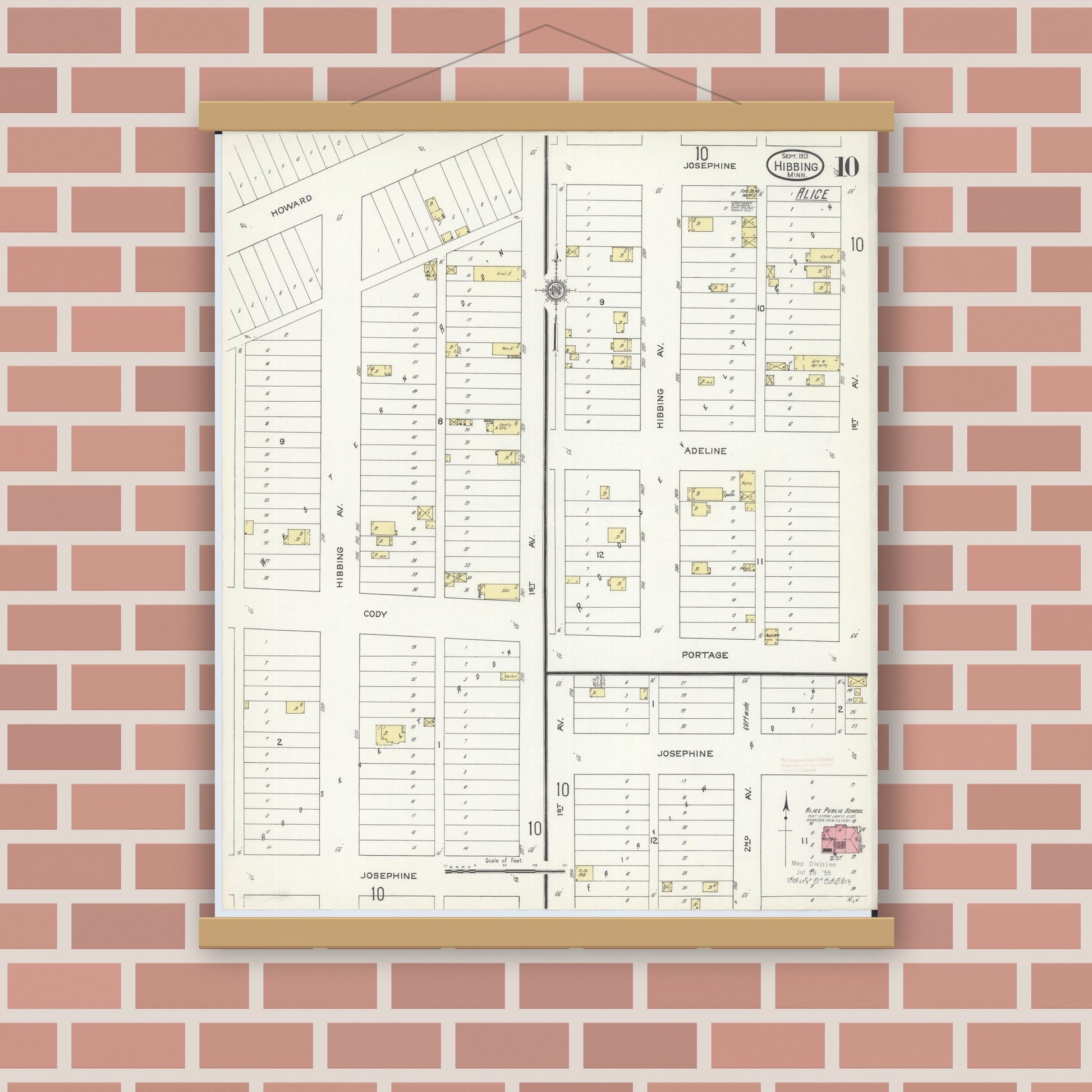 Old map wall art mockup — magnetic wood frame on brick wall — Sanborn Fire Insurance Map from Hibbing, Saint Louis County, Minnesota (1913), Sheet #0010