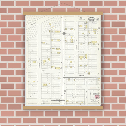 Old map wall art mockup — magnetic wood frame on brick wall — Sanborn Fire Insurance Map from Hibbing, Saint Louis County, Minnesota (1913), Sheet #0010