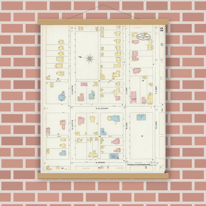 Old map wall art mockup — magnetic wood frame on brick wall — Sanborn Fire Insurance Map from Bellefonte, Centre County, Pennsylvania (1897), Sheet #0002