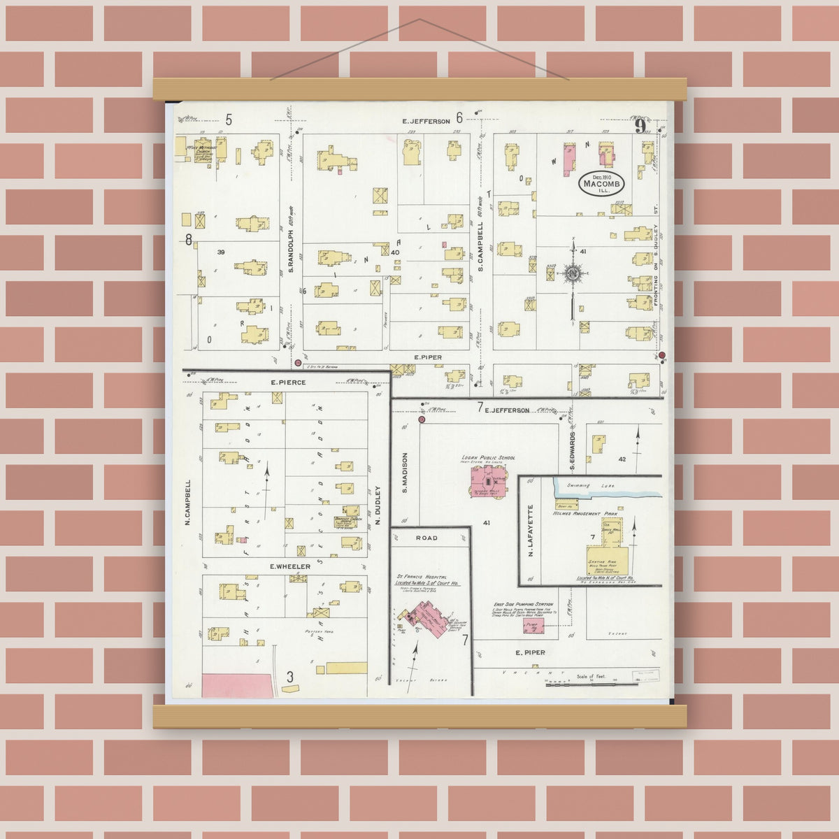 Old map wall art mockup — magnetic wood frame on brick wall — Sanborn Fire Insurance Map from Macomb, Mcdonough County, Illinois (1910), Sheet #0009