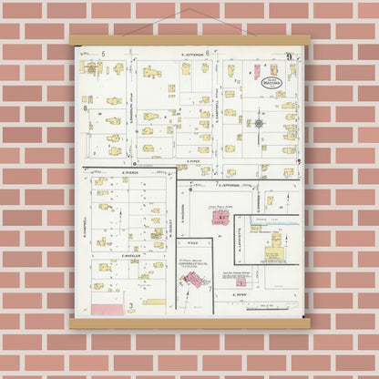 Old map wall art mockup — magnetic wood frame on brick wall — Sanborn Fire Insurance Map from Macomb, Mcdonough County, Illinois (1910), Sheet #0009