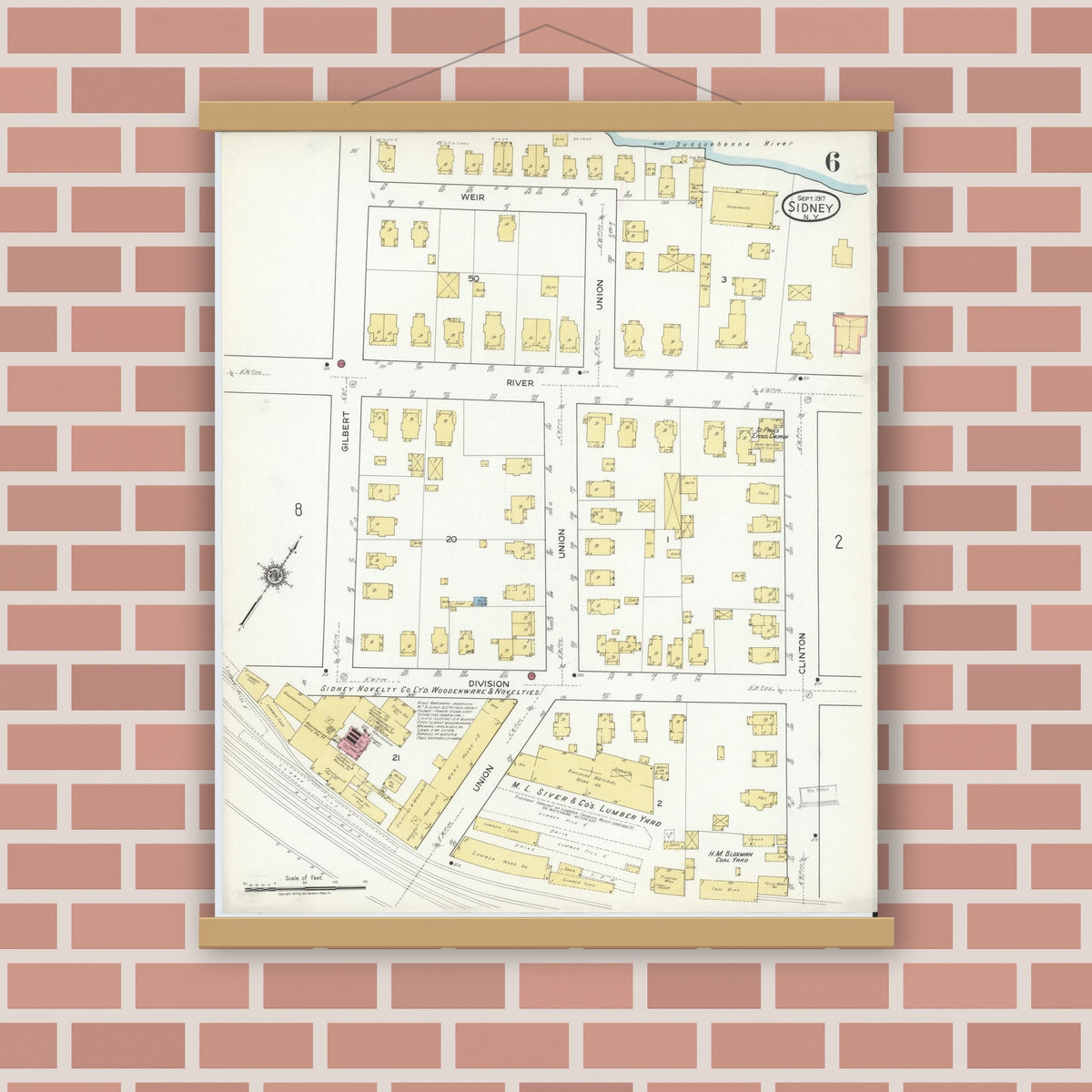 Old map wall art mockup — magnetic wood frame on brick wall — Sanborn Fire Insurance Map from Sidney, Delaware County, New York (1917), Sheet #0006