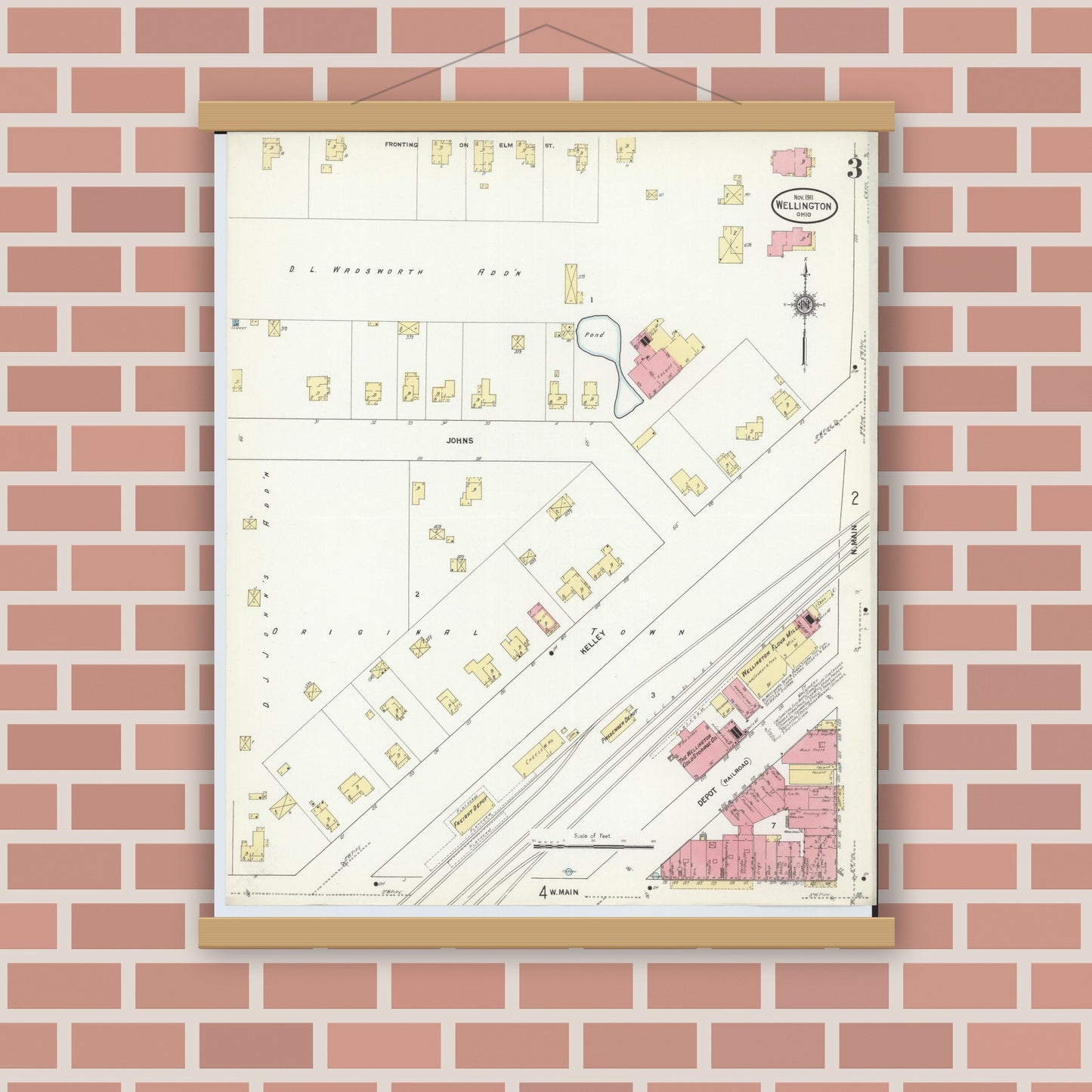 Old map wall art mockup — magnetic wood frame on brick wall — Sanborn Fire Insurance Map from Wellington, Lorain County, Ohio (1911), Sheet #0003