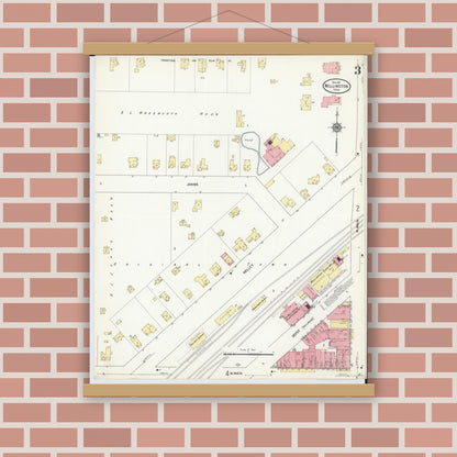 Old map wall art mockup — magnetic wood frame on brick wall — Sanborn Fire Insurance Map from Wellington, Lorain County, Ohio (1911), Sheet #0003