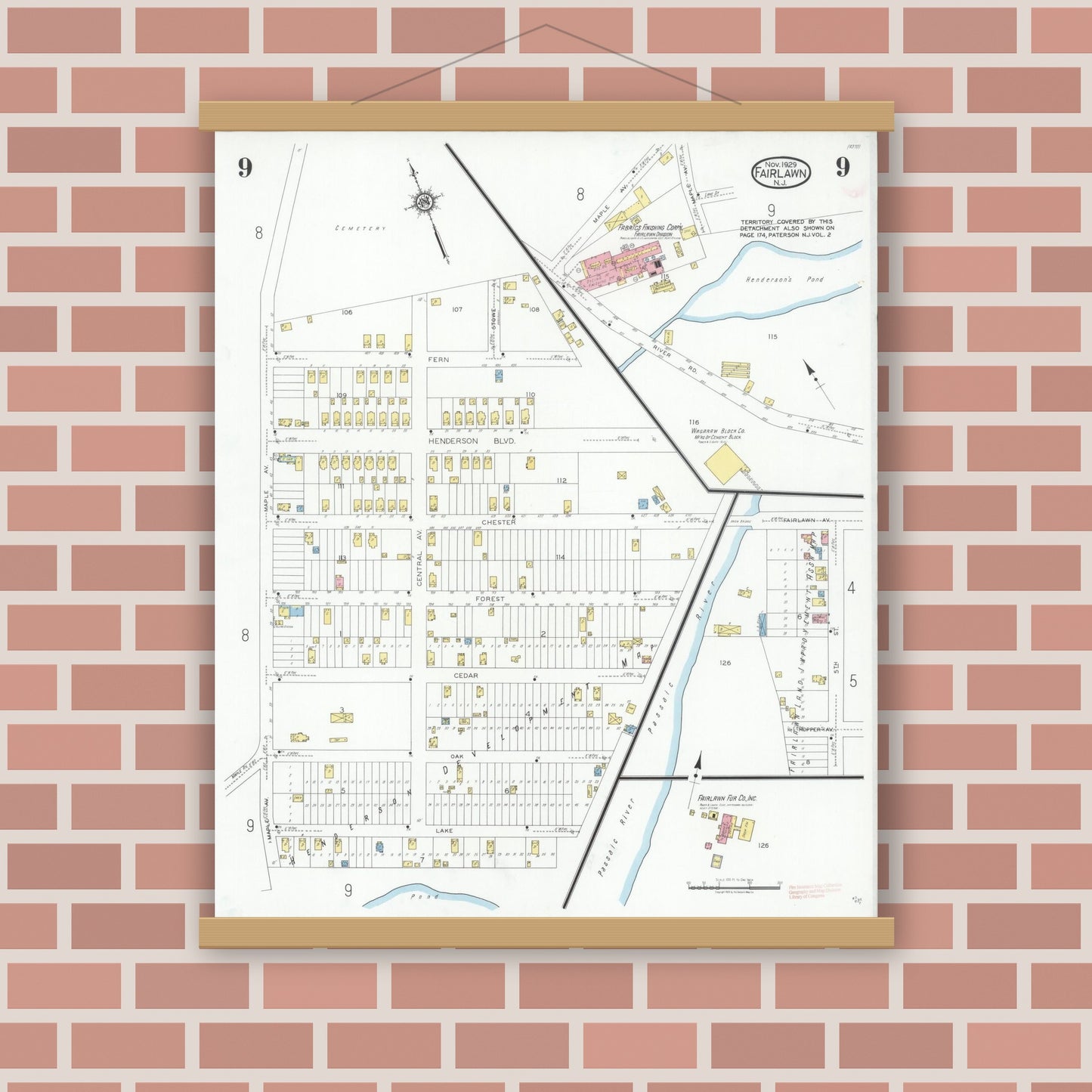 Old map wall art mockup — magnetic wood frame on brick wall — Sanborn Fire Insurance Map from Fair Lawn, Bergen County, New Jersey (1929), Sheet #0009