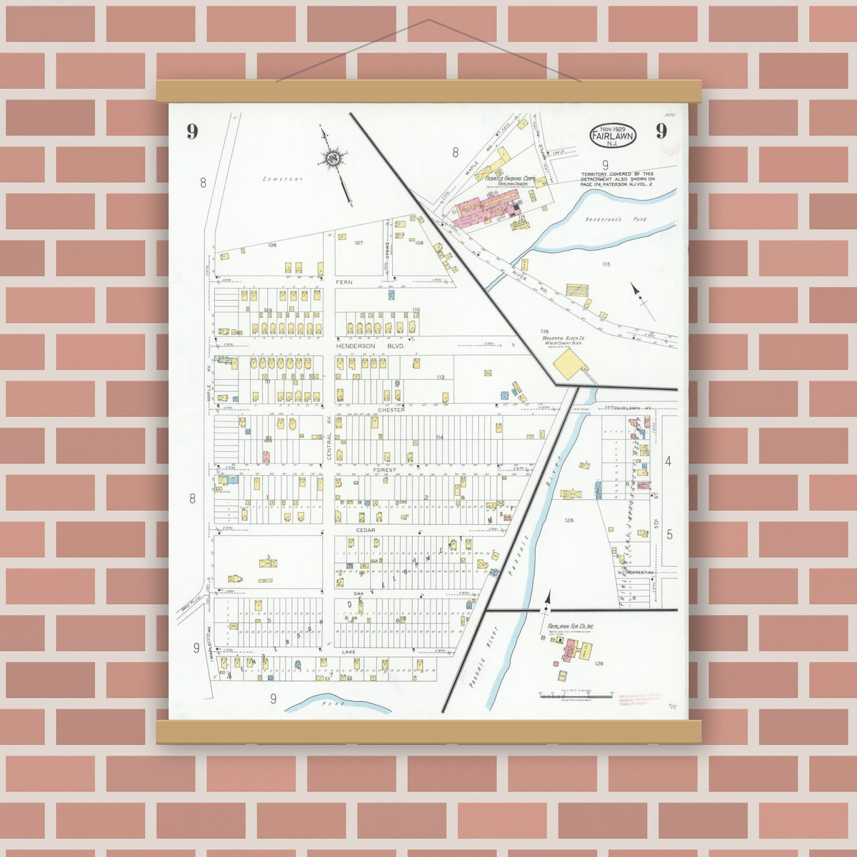Old map wall art mockup — magnetic wood frame on brick wall — Sanborn Fire Insurance Map from Fair Lawn, Bergen County, New Jersey (1929), Sheet #0009