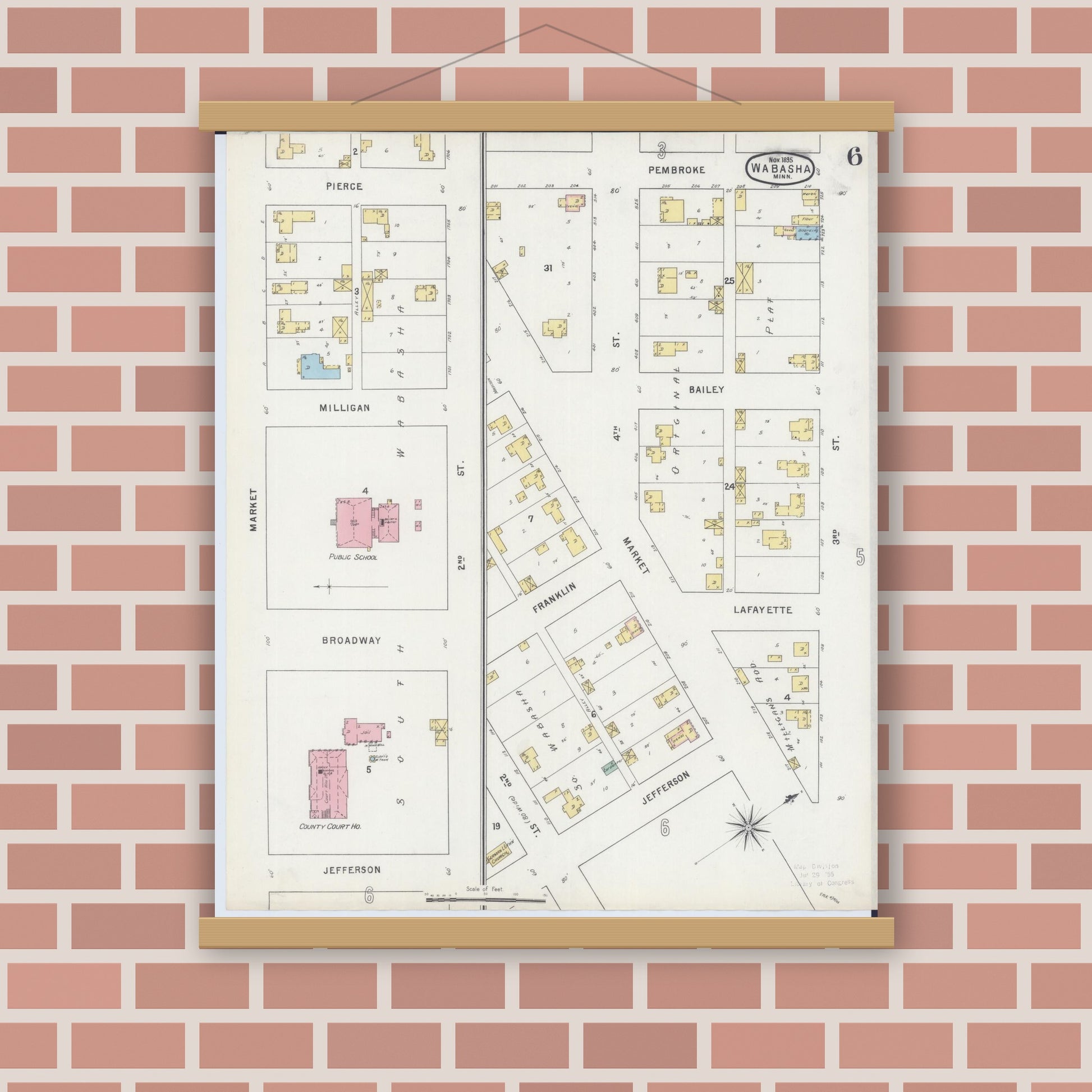 Old map wall art mockup — magnetic wood frame on brick wall — Sanborn Fire Insurance Map from Wabasha, Wabasha County, Minnesota (1895), Sheet #0006