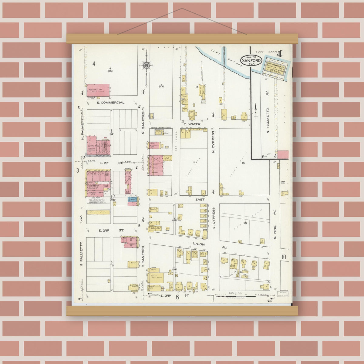 Old map wall art mockup — magnetic wood frame on brick wall — Sanborn Fire Insurance Map from Sanford, Seminole County, Florida (1917), Sheet #0004