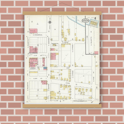 Old map wall art mockup — magnetic wood frame on brick wall — Sanborn Fire Insurance Map from Sanford, Seminole County, Florida (1917), Sheet #0004
