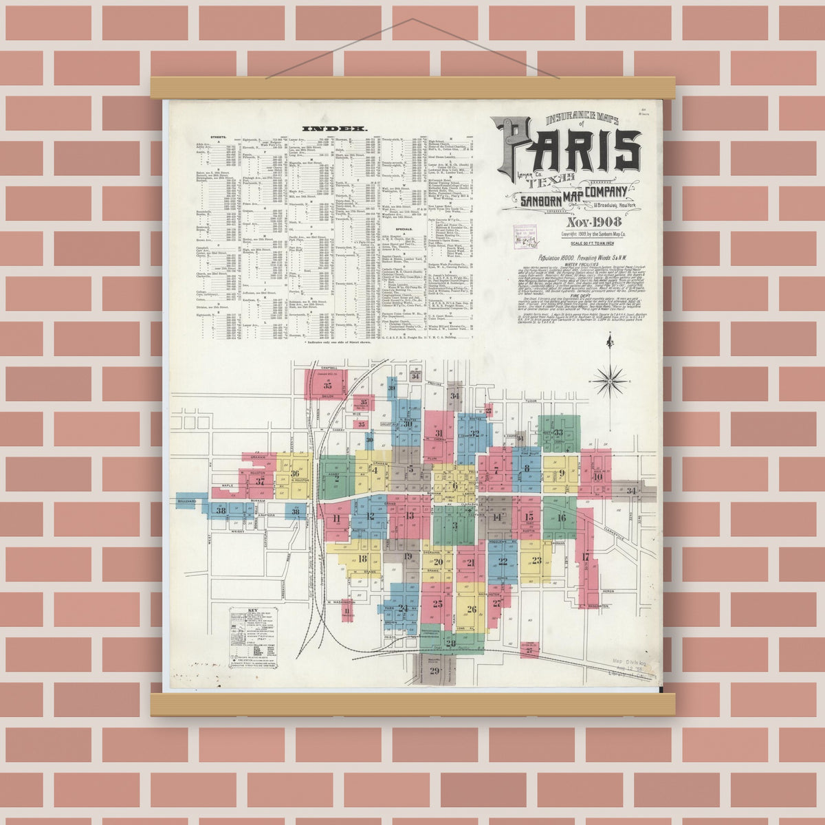 Old map wall art mockup — magnetic wood frame on brick wall — Sanborn Fire Insurance Map from Paris, Lamar County, Texas (1908) - Complete Map Set