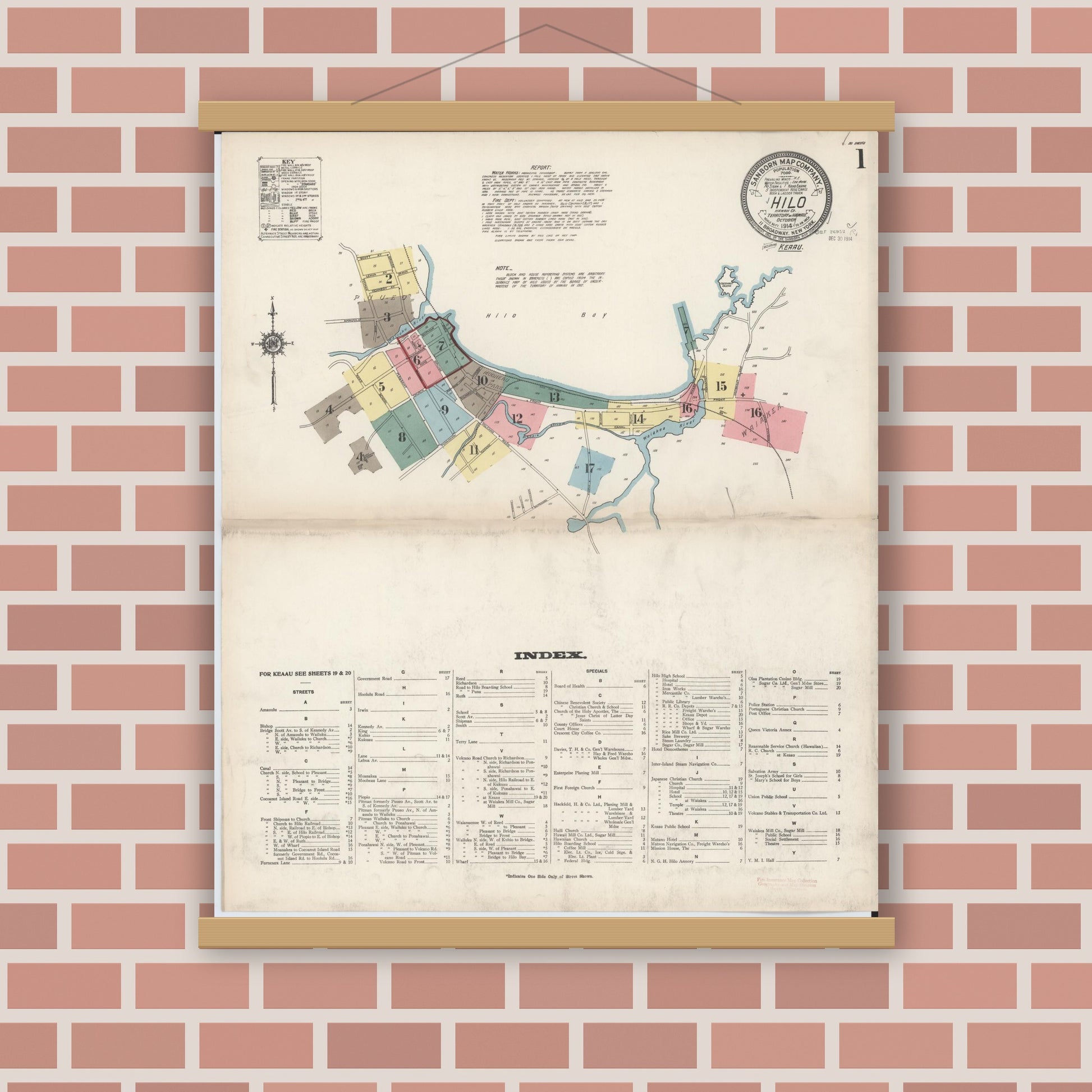 Old map wall art mockup — magnetic wood frame on brick wall — Sanborn Fire Insurance Map from Hilo, Hawaii County, Hawaii (1914) — Complete Set